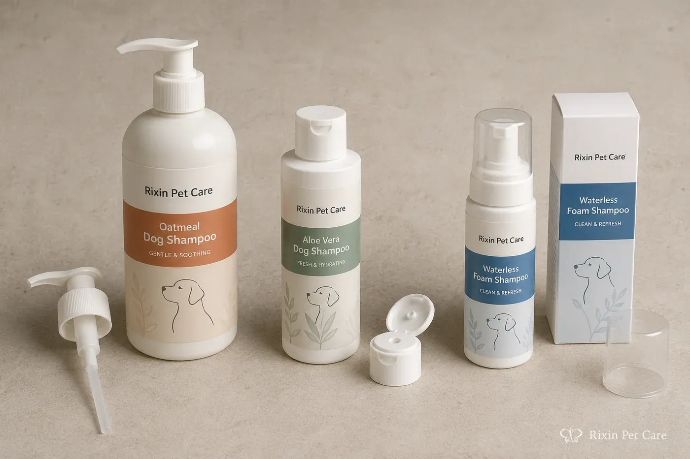 Rixin Pet Care finished product versions arranged for different market label and packaging variations on a commercial planning table