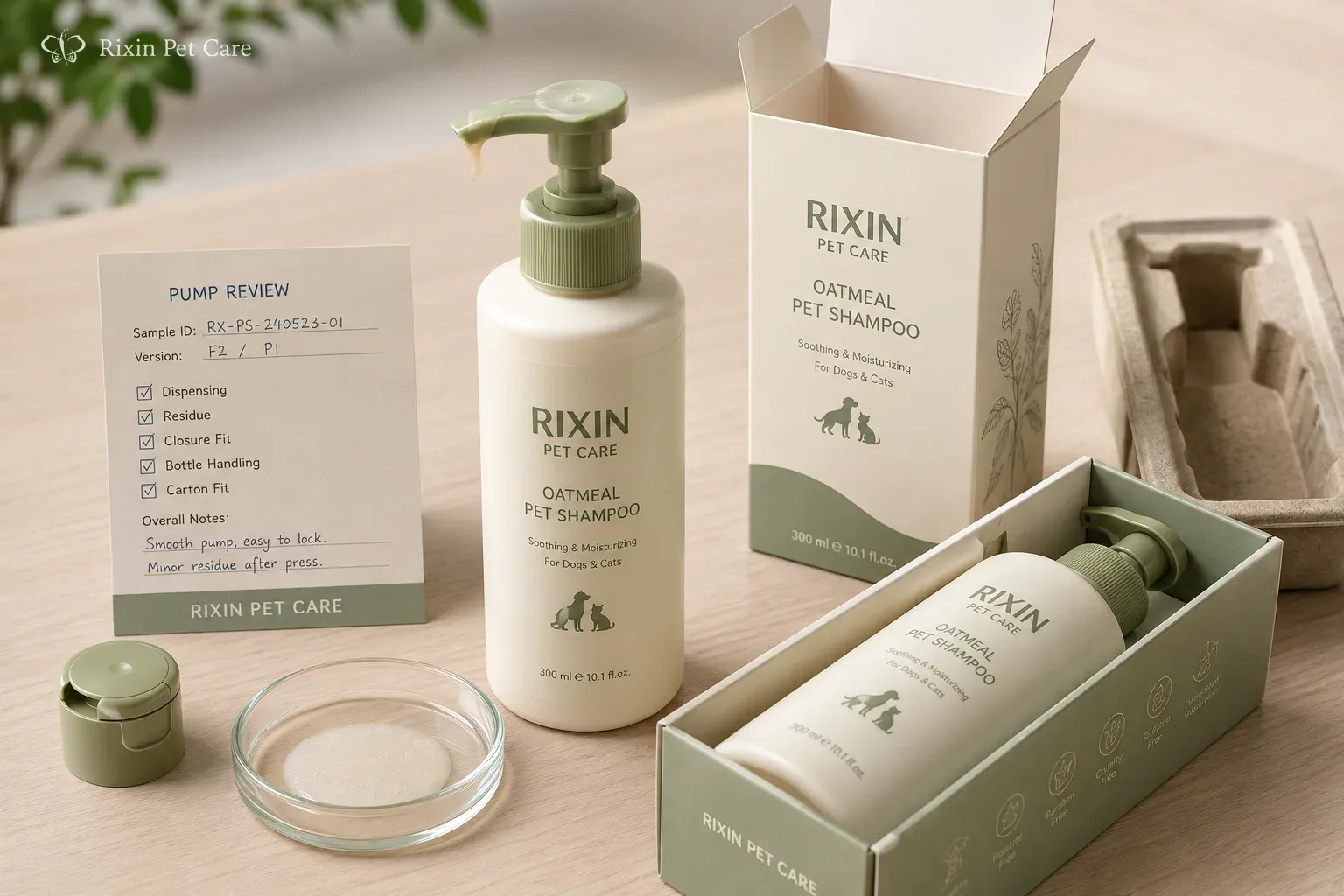 Rixin Pet Care shampoo packaging reviewed for dispensing, pump residue, closure fit, bottle handling, and carton fit.