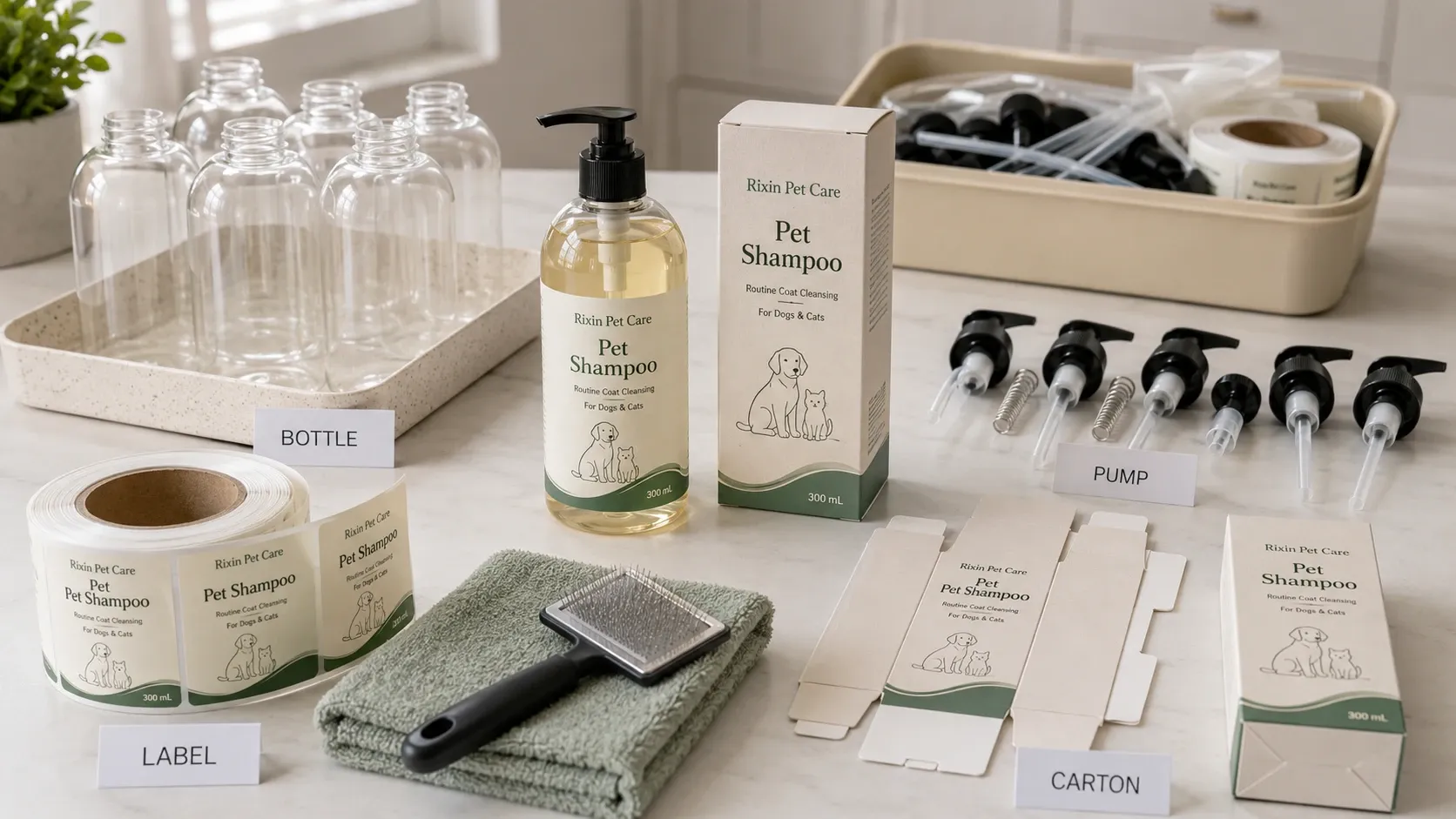 Pet shampoo packaging components showing separate bottle, pump, label, and carton minimums