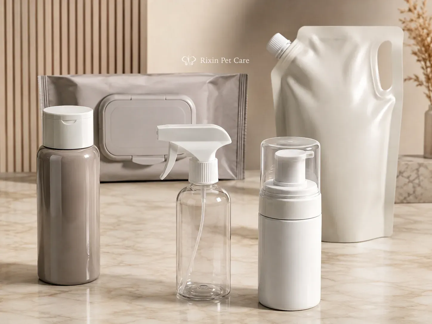 Shampoo, spray, foam, wipes, and refill formats matched with practical dispensing packages.