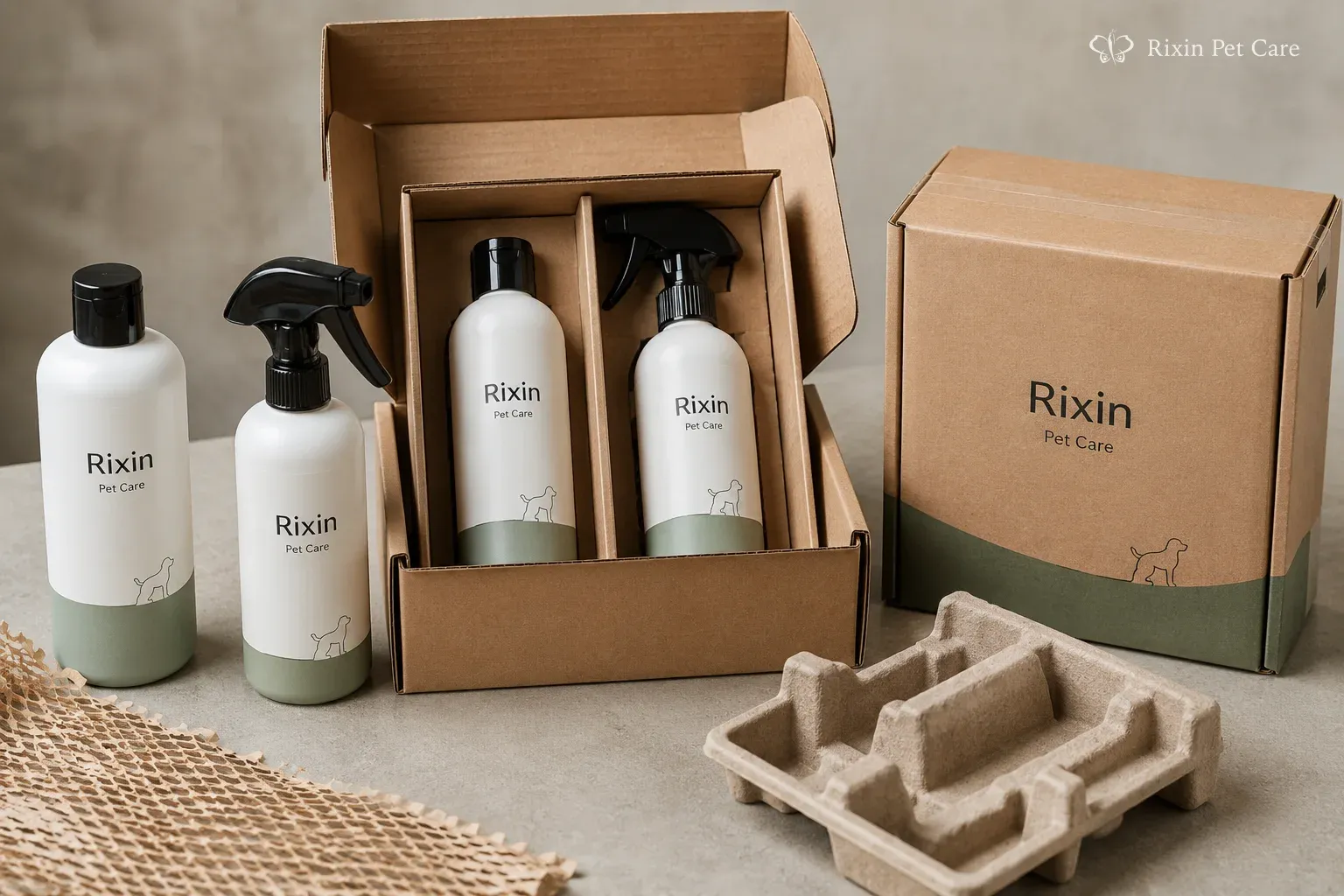Pet grooming bottles and packaging components arranged to show ecommerce-shipping and fulfillment considerations
