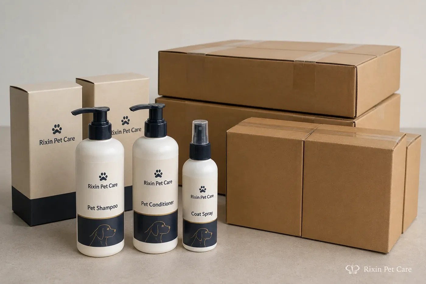 Rixin Pet Care grooming products with retail packaging and grouped export cartons prepared for shipment