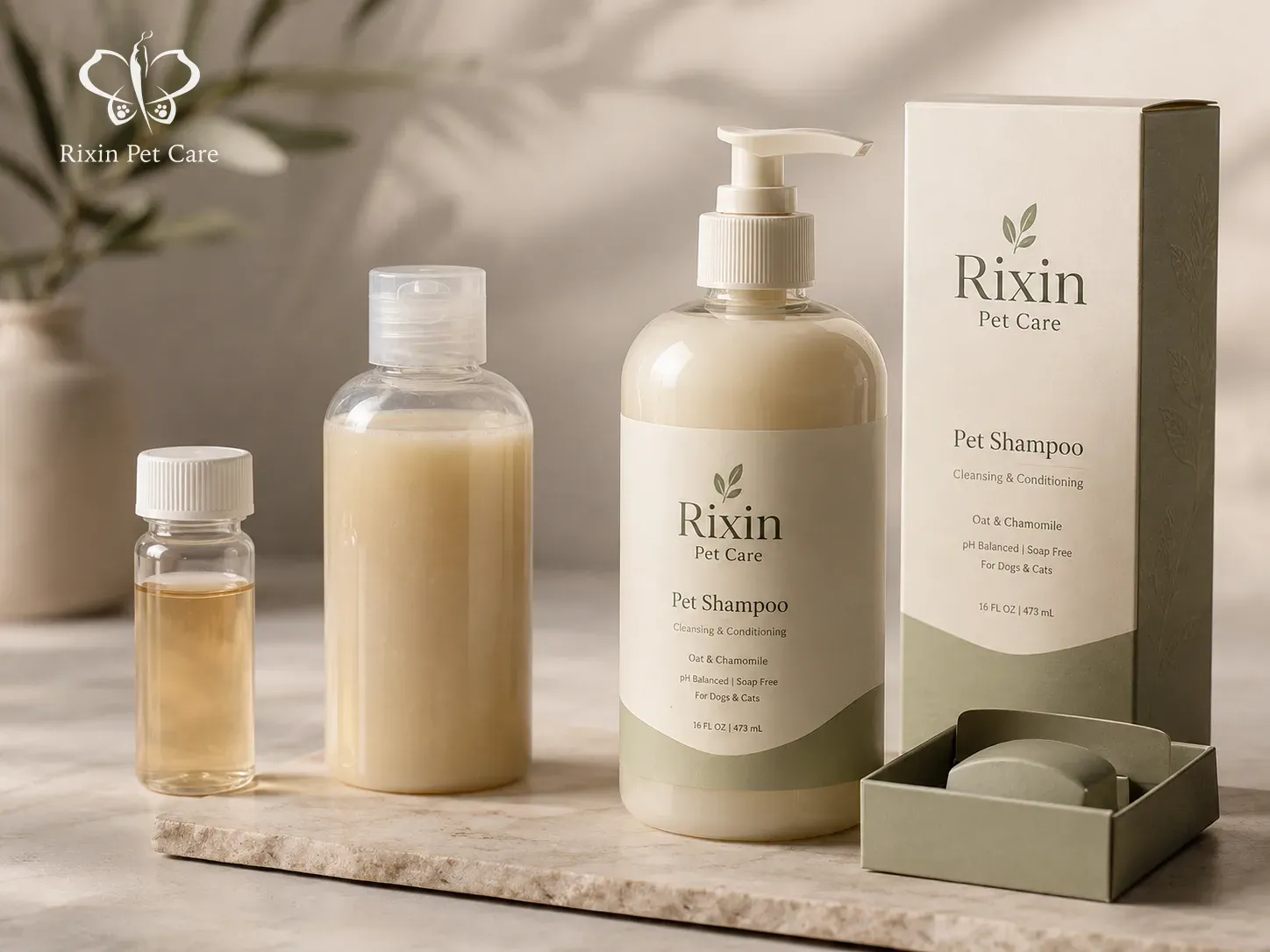 Temporary formula sample, selected packaging sample, and production-intent pet grooming package shown as three review stages.