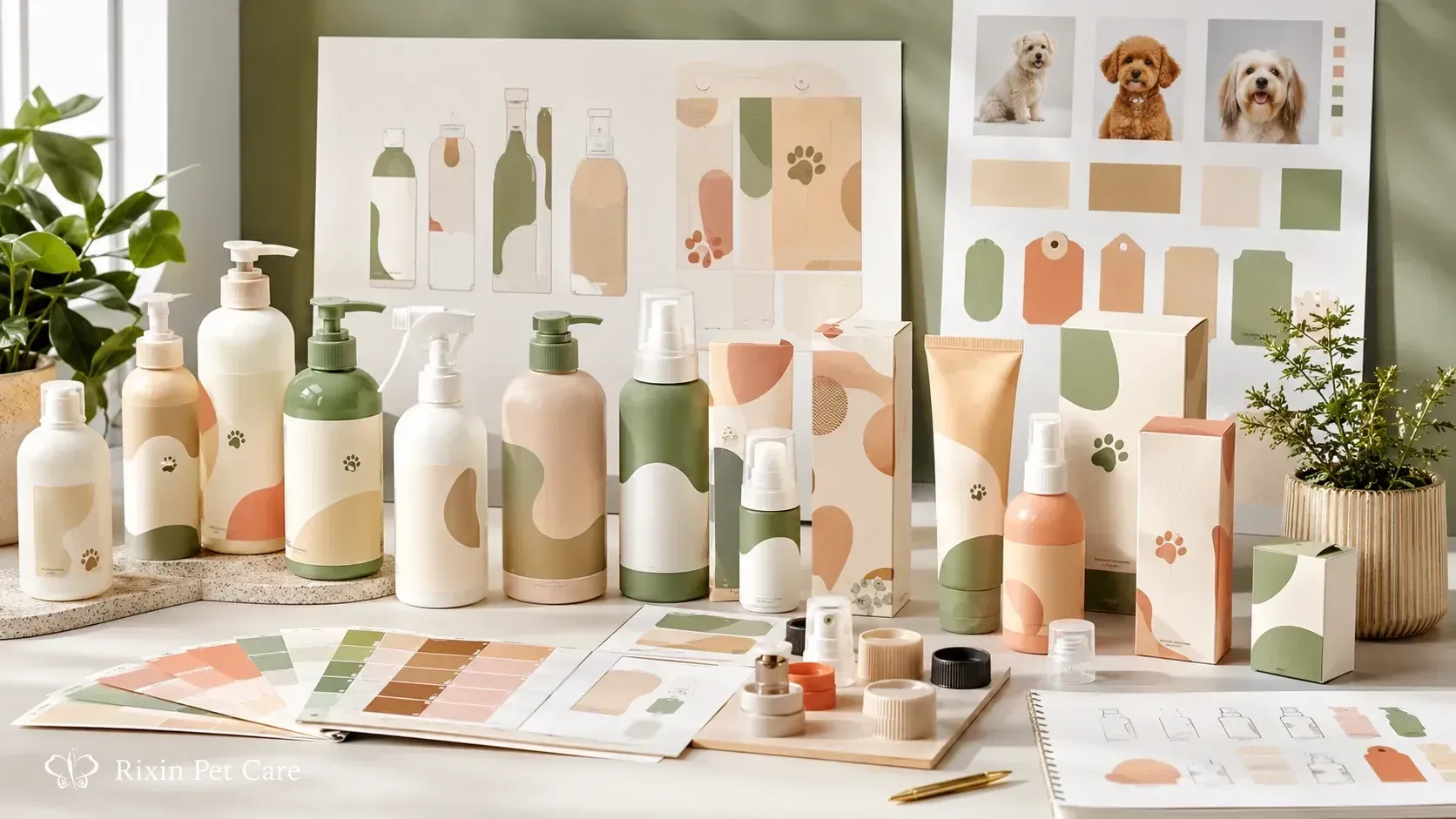 Pet grooming packaging design presentation with coordinated bottles, cartons, color palettes, and label mockups