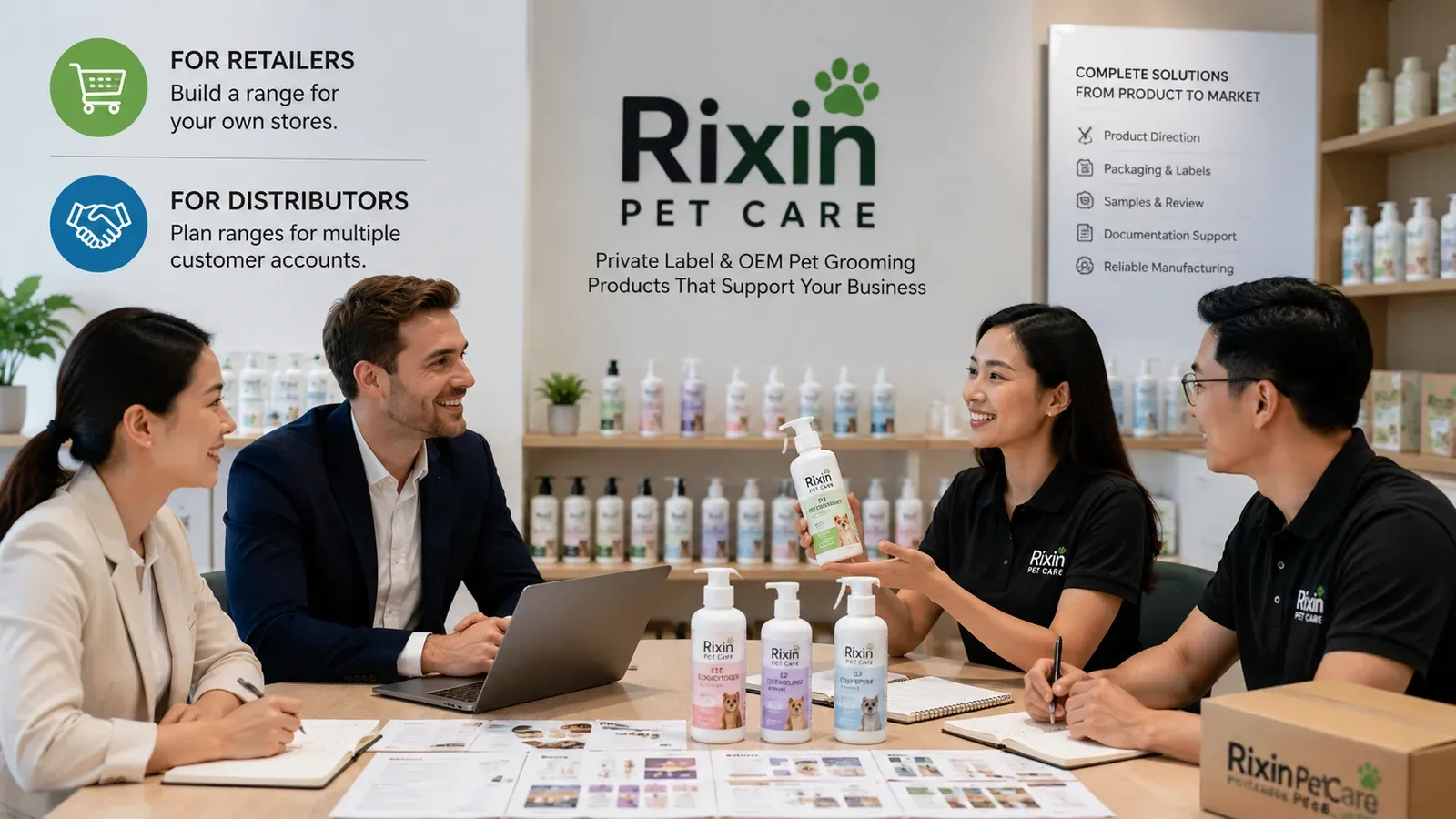 Coordinated Rixin Pet Care grooming products prepared for retail display and distributor shipment in one commercial setting