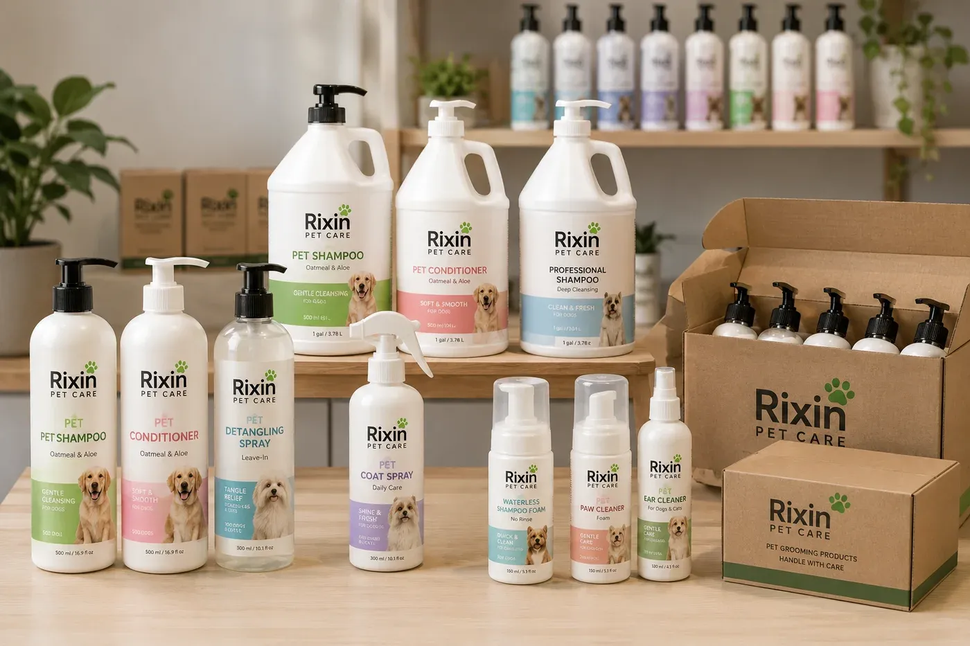 Rixin Pet Care retail grooming products in coordinated bottles, pumps, sprays, and carton packaging