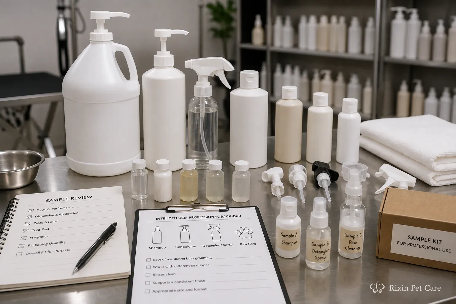 Pet grooming product samples and dispensing components arranged for professional-use package review