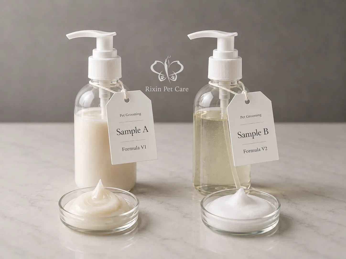Pet grooming Sample A Formula V1 and Sample B Formula V2 compared side by side with matching pump bottles and formula samples.