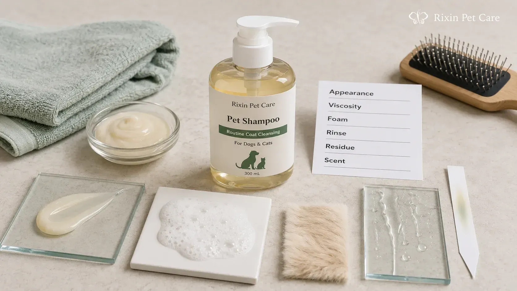 Pet shampoo sensory brief showing texture, viscosity, foam, rinse, residue, and scent