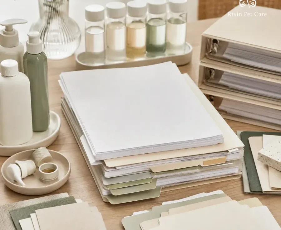 Organized pet grooming product files, sample bottles, and testing materials prepared for documentation support
