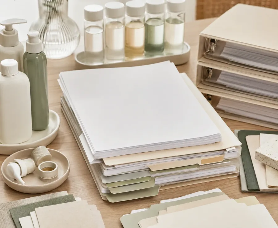 Organized pet grooming product files, sample bottles, and testing materials prepared for documentation support