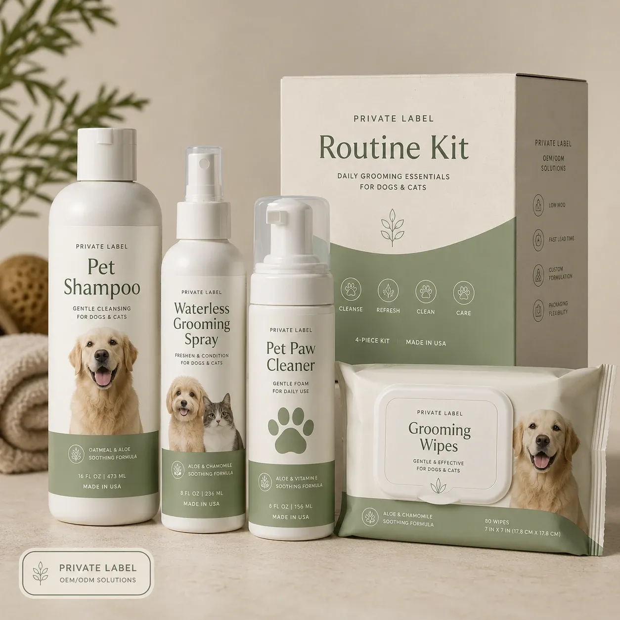 Private label pet grooming starter kit with shampoo, waterless spray, paw cleaner, and wipes