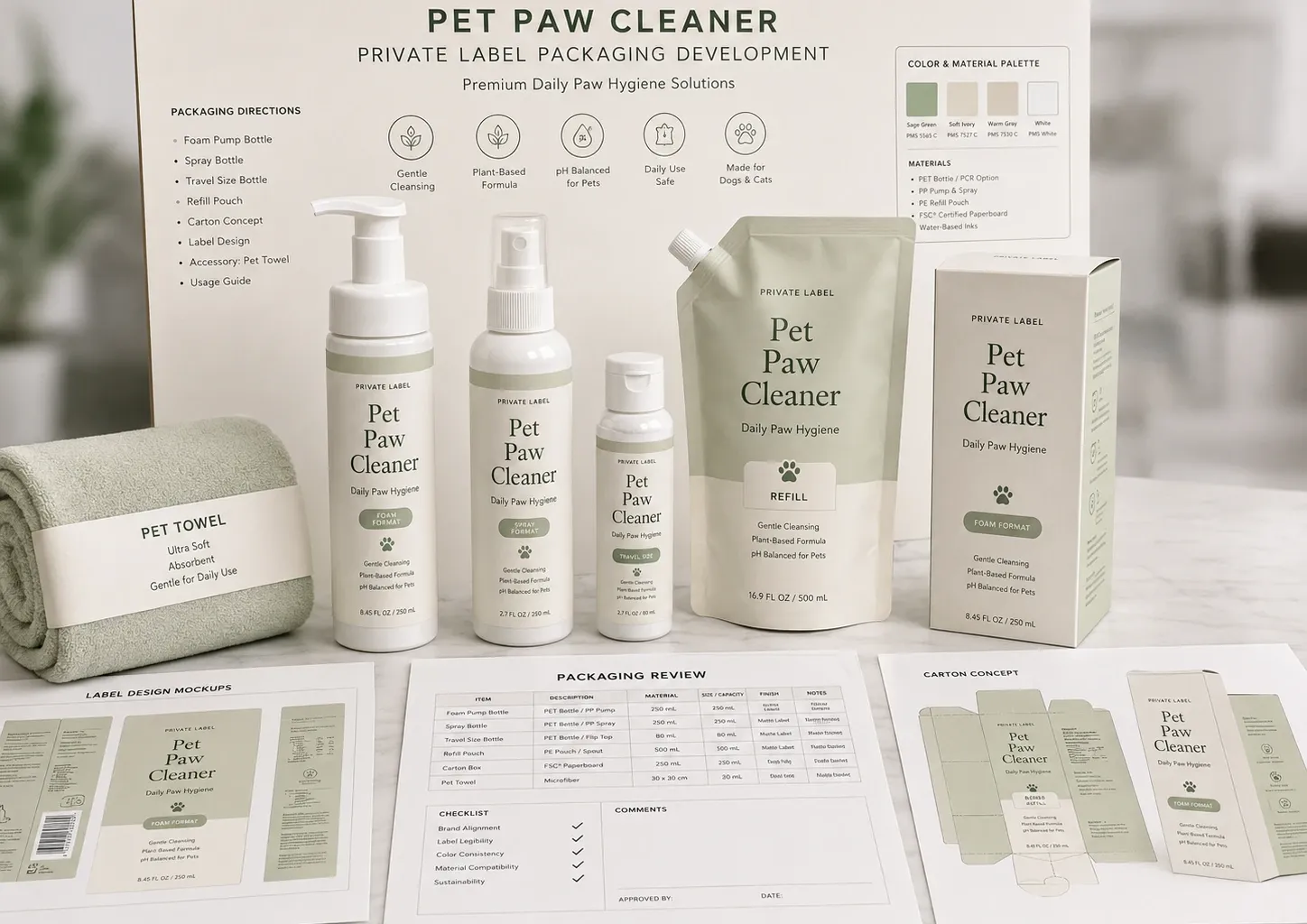 Pet paw cleaner packaging development board with foam pump, spray bottle, refill pouch, carton, and towel
