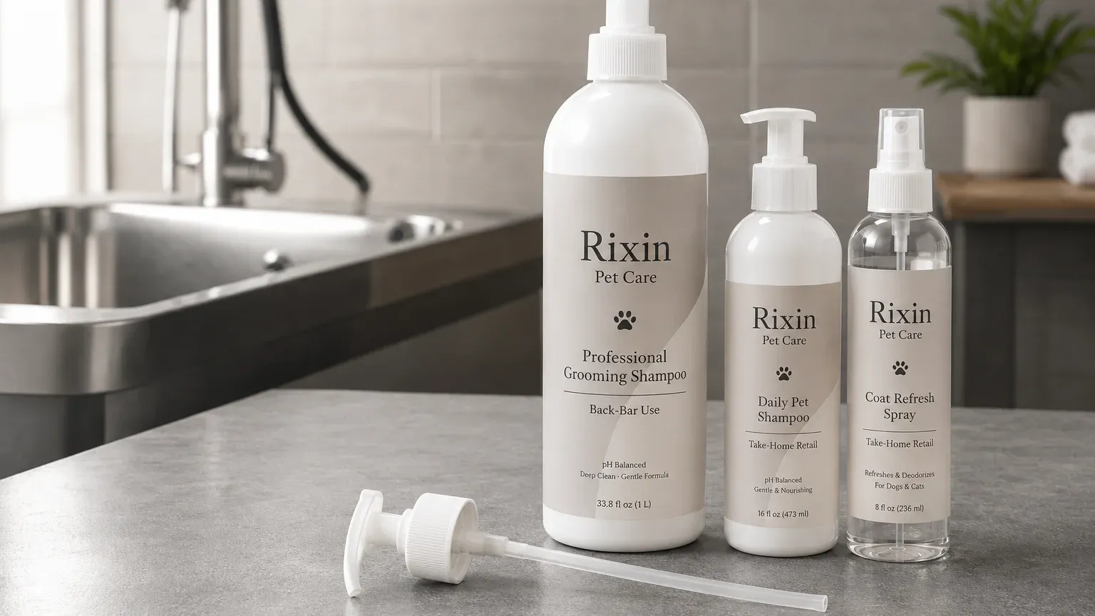 Coordinated professional-use and retail pet grooming products arranged in a modern grooming-salon setting