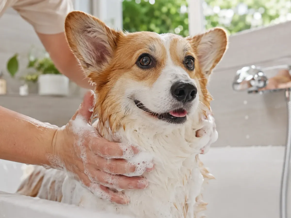 Pet shampoo being applied during a dog grooming bath routine