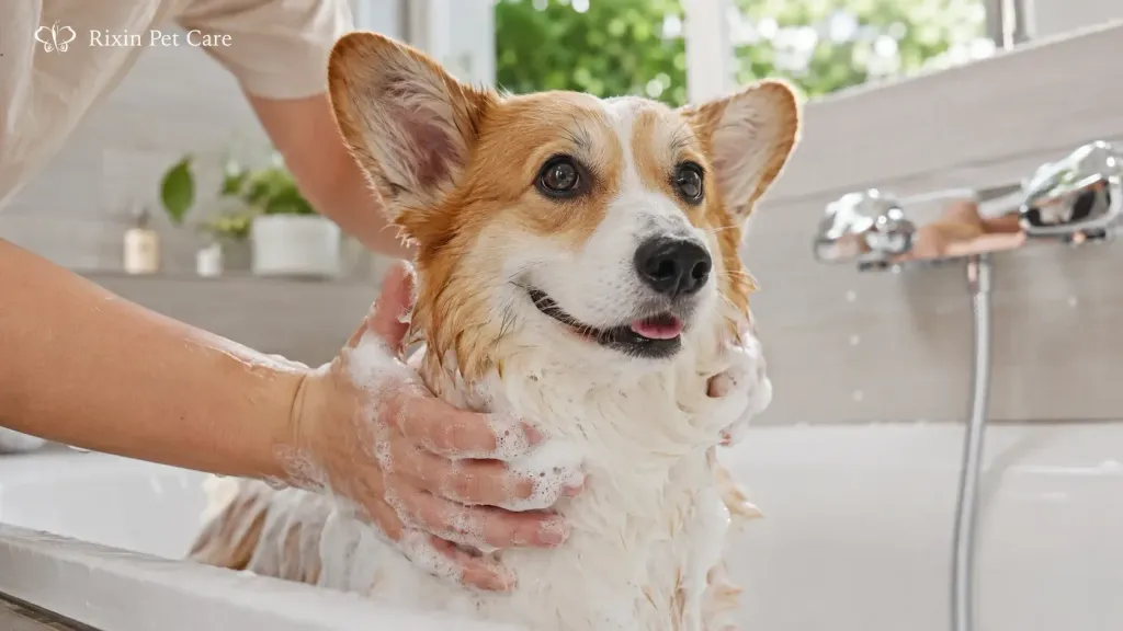 Pet shampoo being applied to a wet corgi during a grooming wash routine