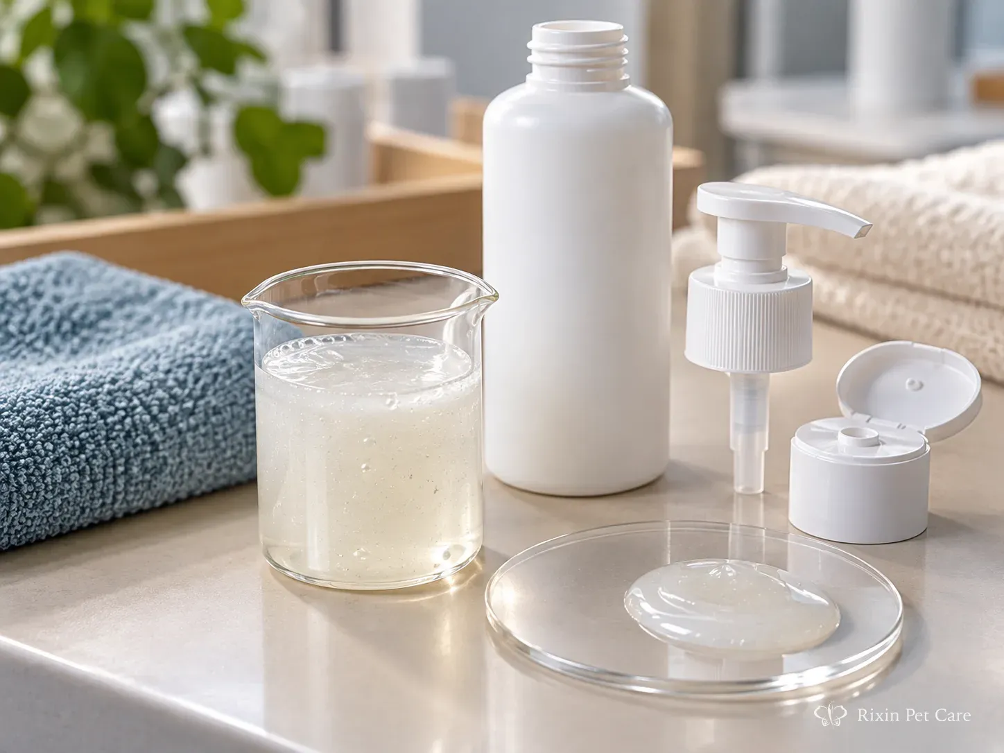 Pet shampoo sample reviewed with bottle and closure options to assess formula and packaging fit.