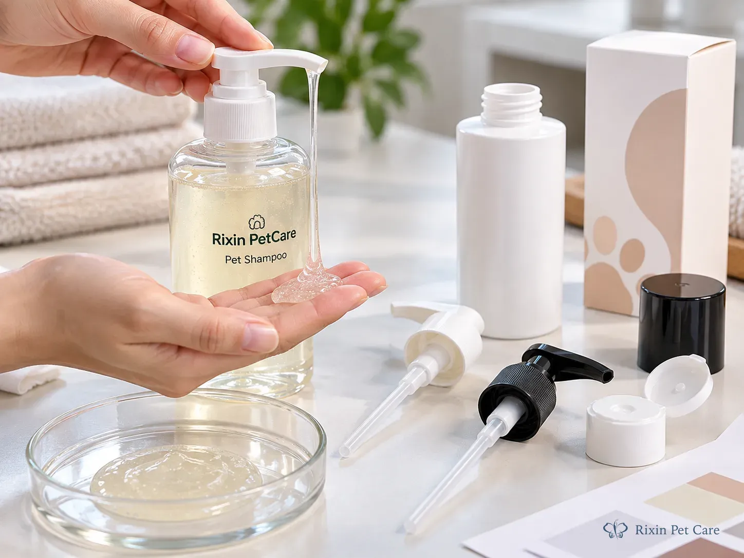 Pet shampoo dispensing through a pump bottle beside closure components during formula and packaging review.