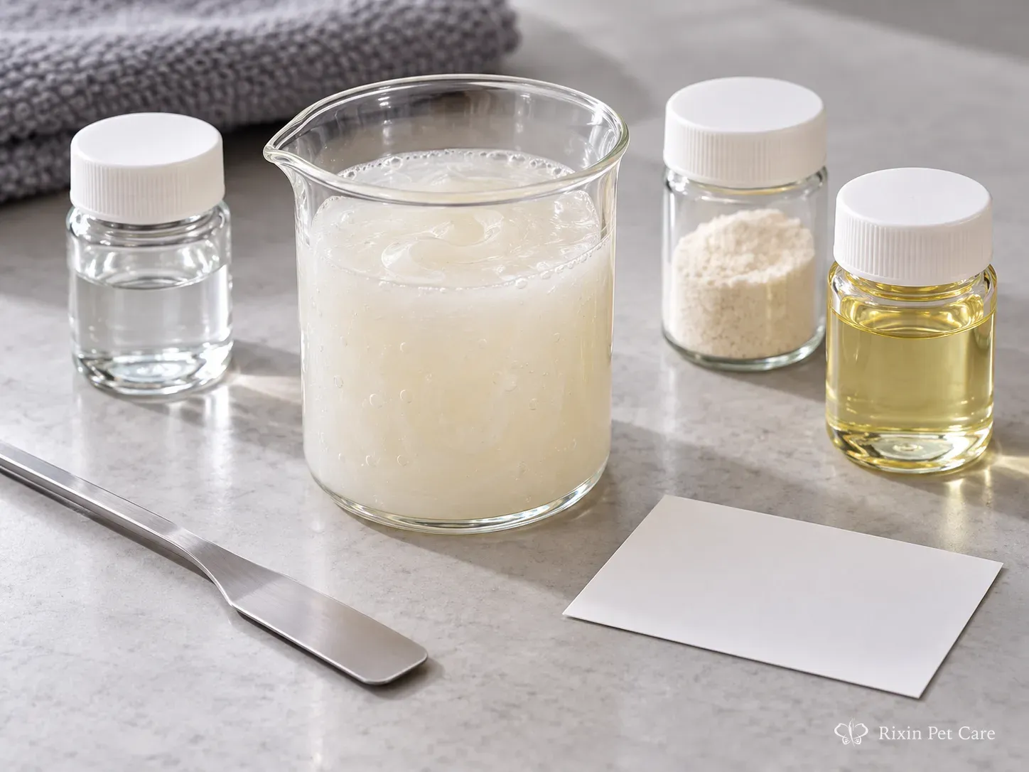 Pet shampoo sample and neutral ingredient materials arranged for formulation review without implying finished-product efficacy.