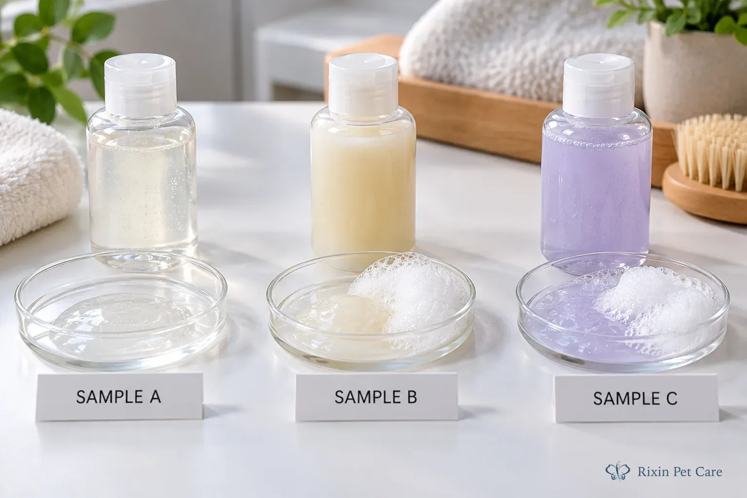 Three pet shampoo sample versions with different consistency and foam presentations arranged for buyer comparison.