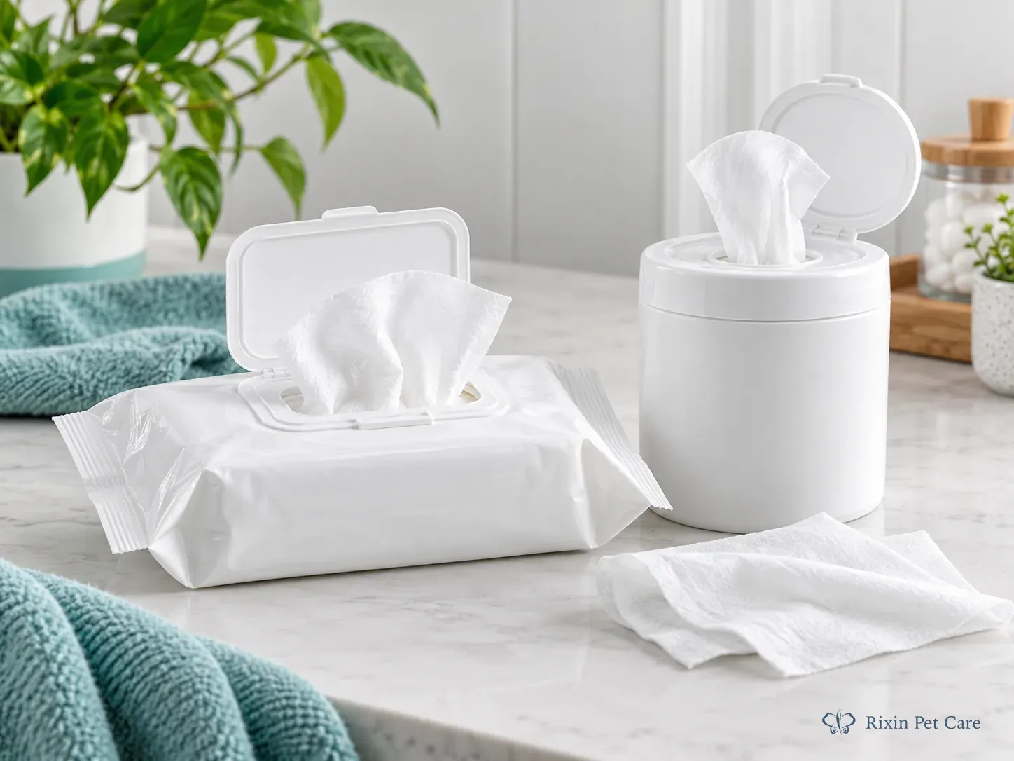 Conceptual pet grooming wipes resealable pouch and rigid tub mockups showing two different opening and closure configurations for OEM packaging discussion.