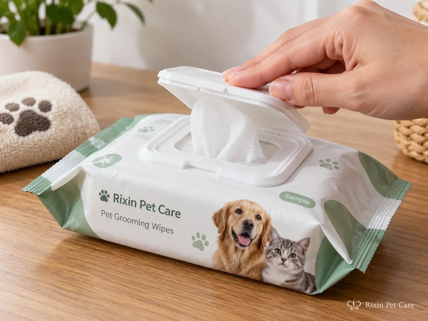 Close-up of a hand pressing the hinged flip-top closure of a pet grooming wipes sample pouch after removing a sheet, illustrating reclosure usability.