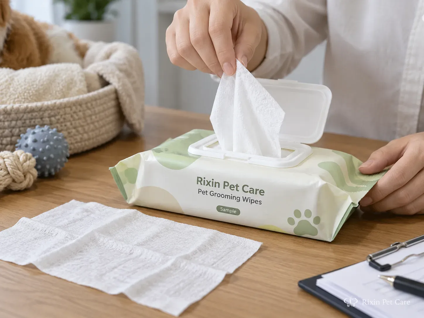Close-up of a hand withdrawing one pet grooming wipe through the flip-top opening of a sample pouch to illustrate sheet dispensing and unfolding review.