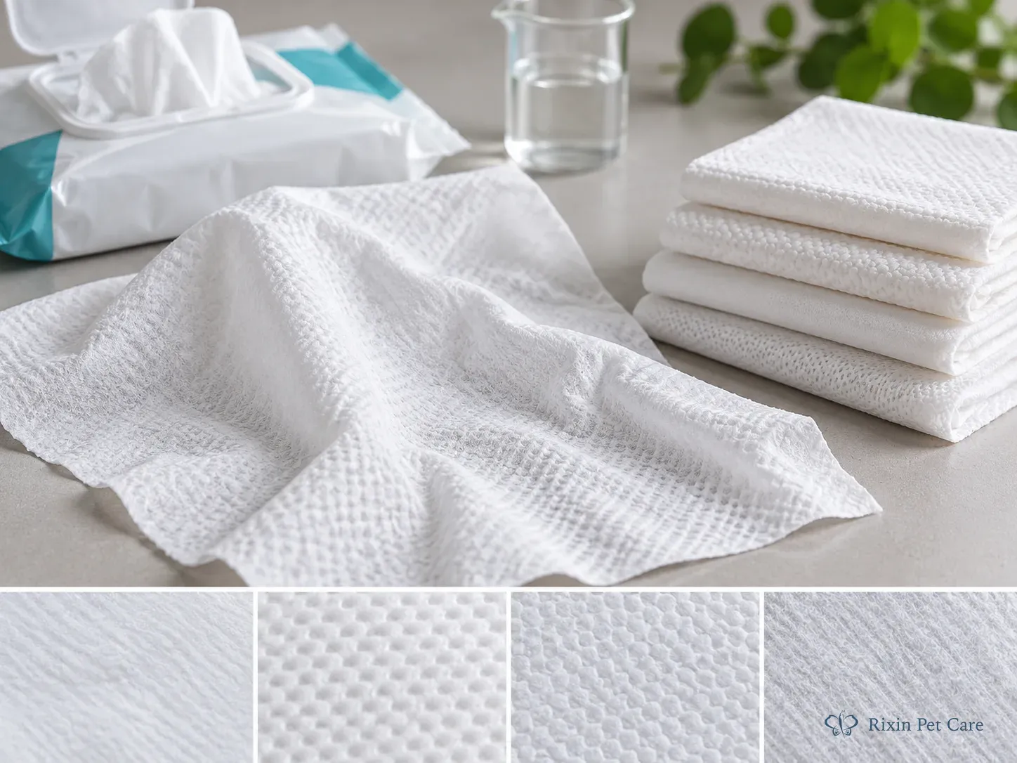 Unbranded nonwoven pet grooming wipe sheets shown unfolded and folded to illustrate substrate texture and sheet configuration choices before sampling.