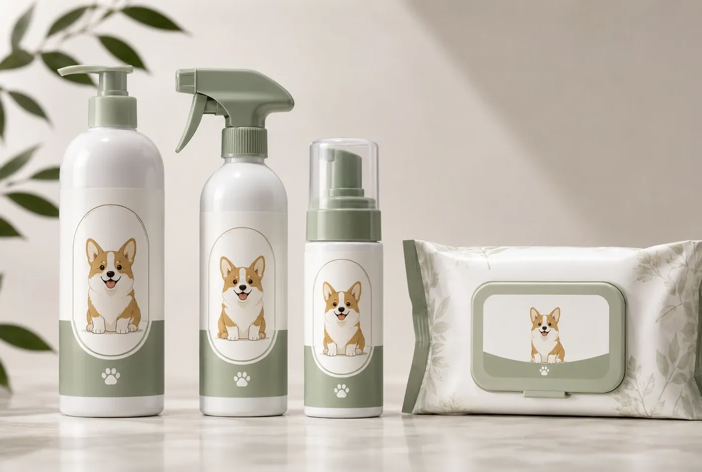 Private label pet grooming kit with shampoo, waterless spray, paw cleaner, and wipes presented as a coordinated product line