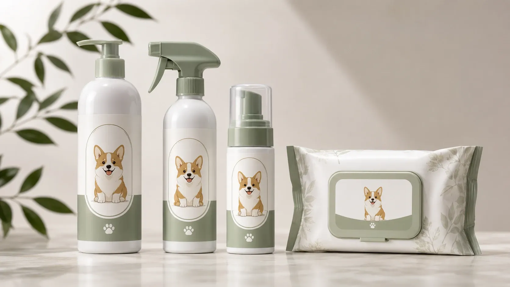 Private label corgi grooming kit with shampoo, waterless spray, paw cleaner and wipes