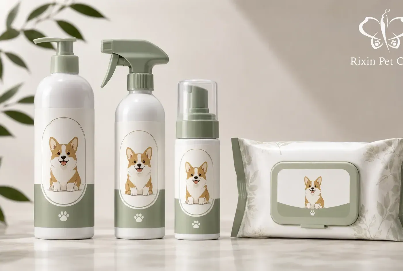 Private label pet grooming kit with shampoo, waterless spray, paw cleaner, and wipes presented as a coordinated product line