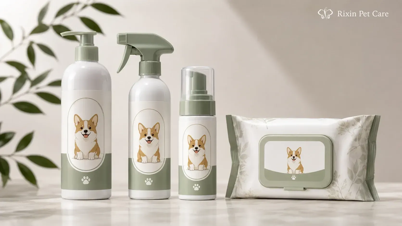 Private label corgi grooming kit with shampoo, waterless spray, paw cleaner and wipes