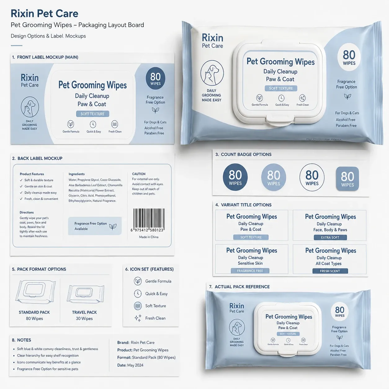 Packaging layout board for private label pet grooming wipes with front label, back label, count badges, and variant title options