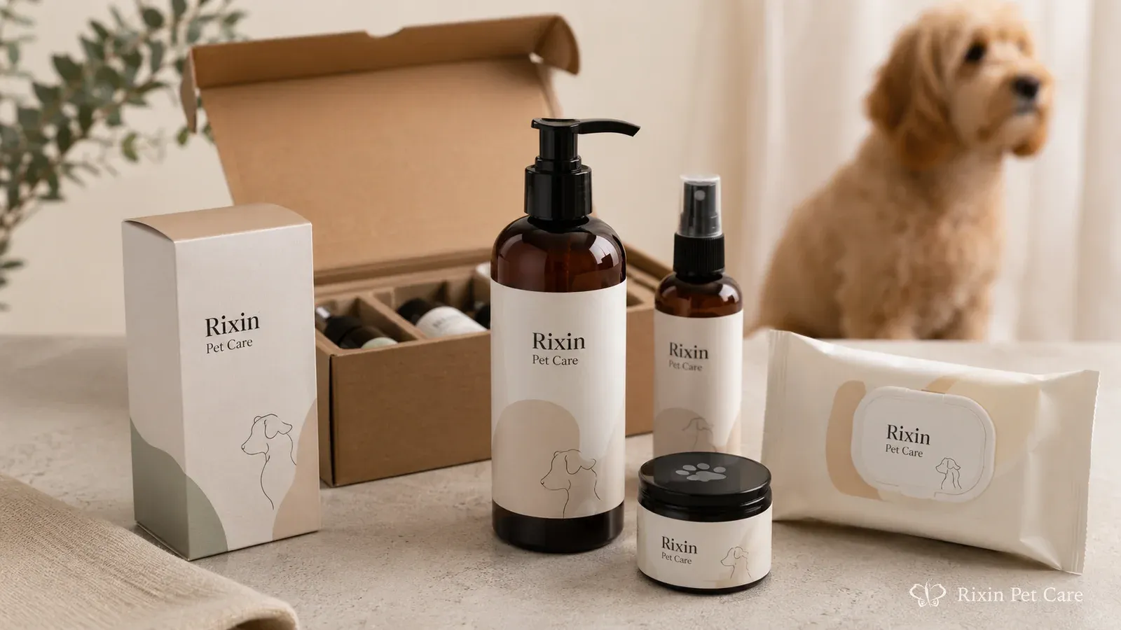 Coordinated private-label pet grooming products arranged for an ecommerce-focused launch with subtle shipping context