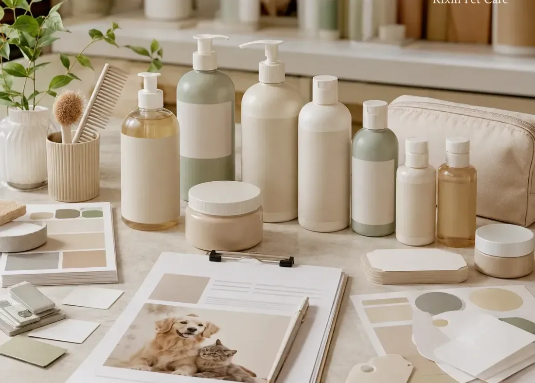 Private label pet grooming bottles, packaging samples, and planning materials on a product development table