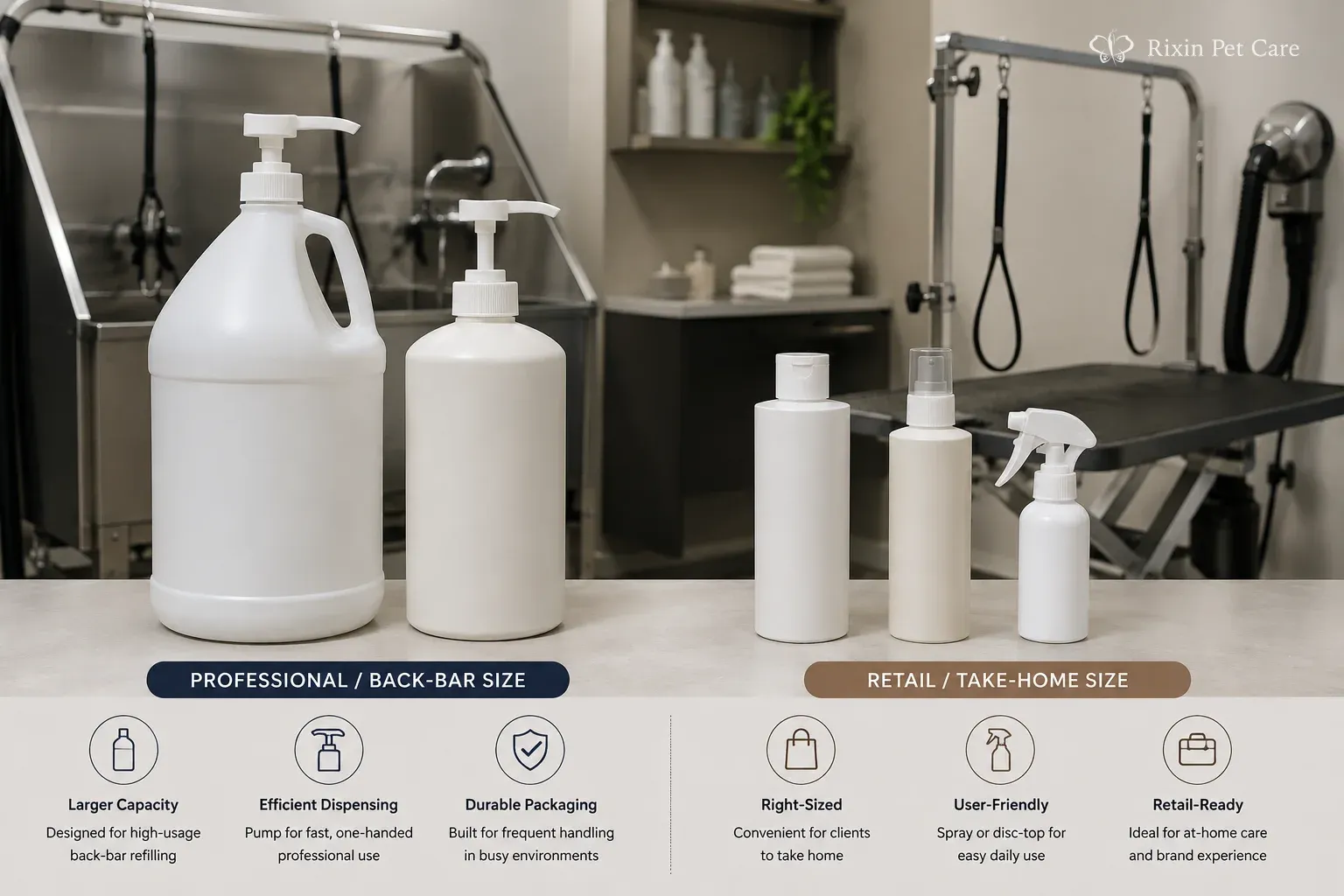 Large professional pet grooming bottle and smaller retail-size bottles arranged to show different size and dispensing needs