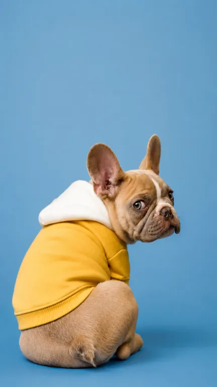 Pug wearing a yellow hoodie in a clean studio portrait for pet grooming brand presentation