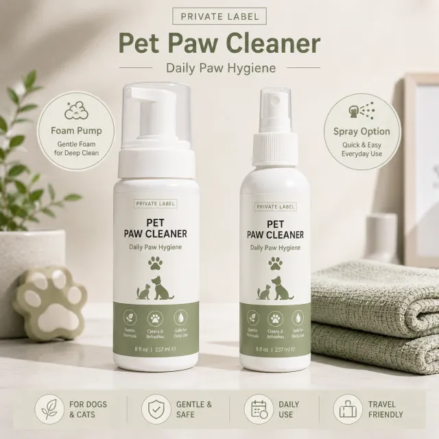 Comparison of foam pump and spray bottle options for private label pet paw cleaner