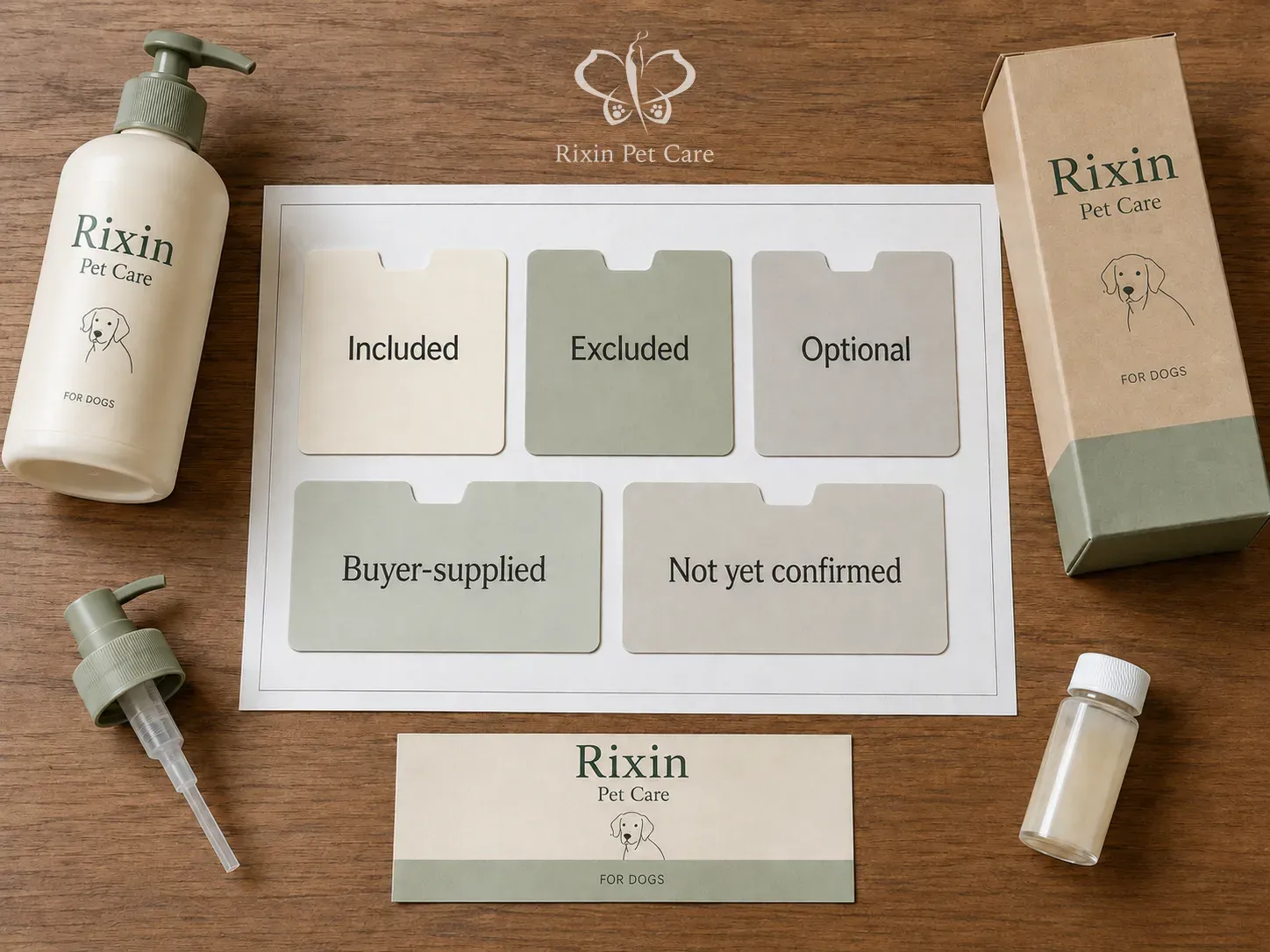 Five quotation comparison statuses displayed beside a pet grooming packaging review set.