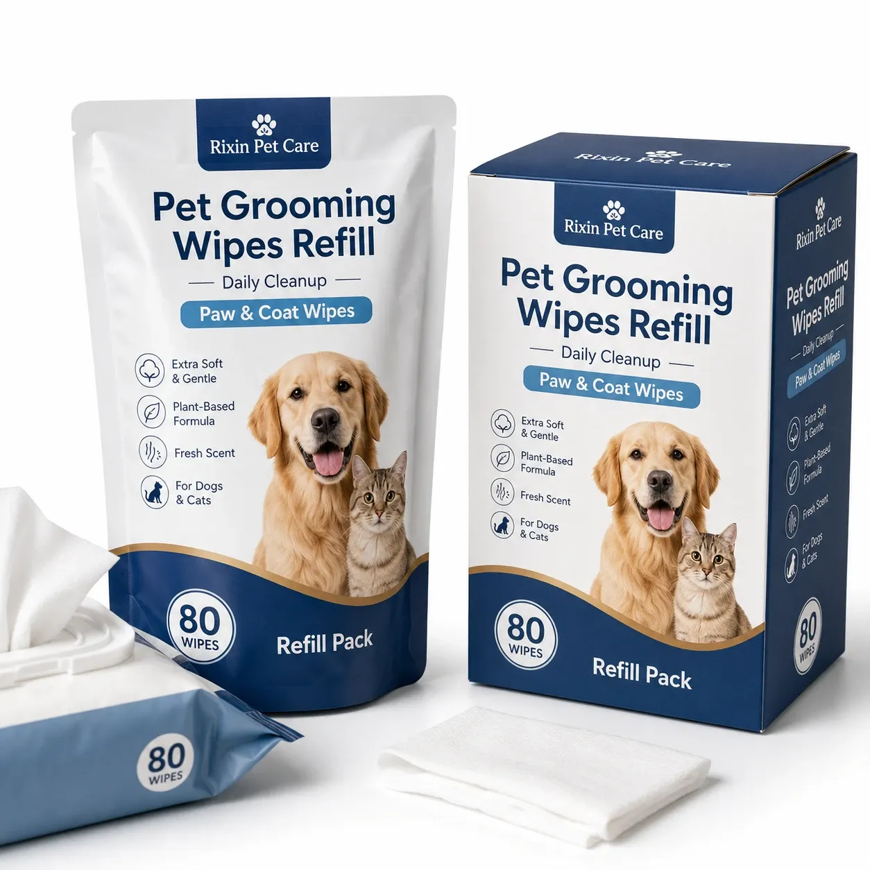 Detailed refill pouch and carton presentation for private label pet grooming wipes with open shipping carton and folded wipes