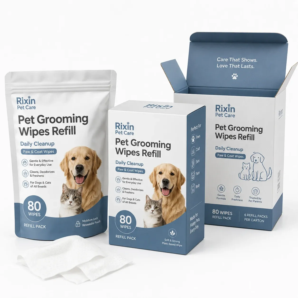 Private label pet grooming wipes refill pouch shown beside matching retail carton and folded wipes