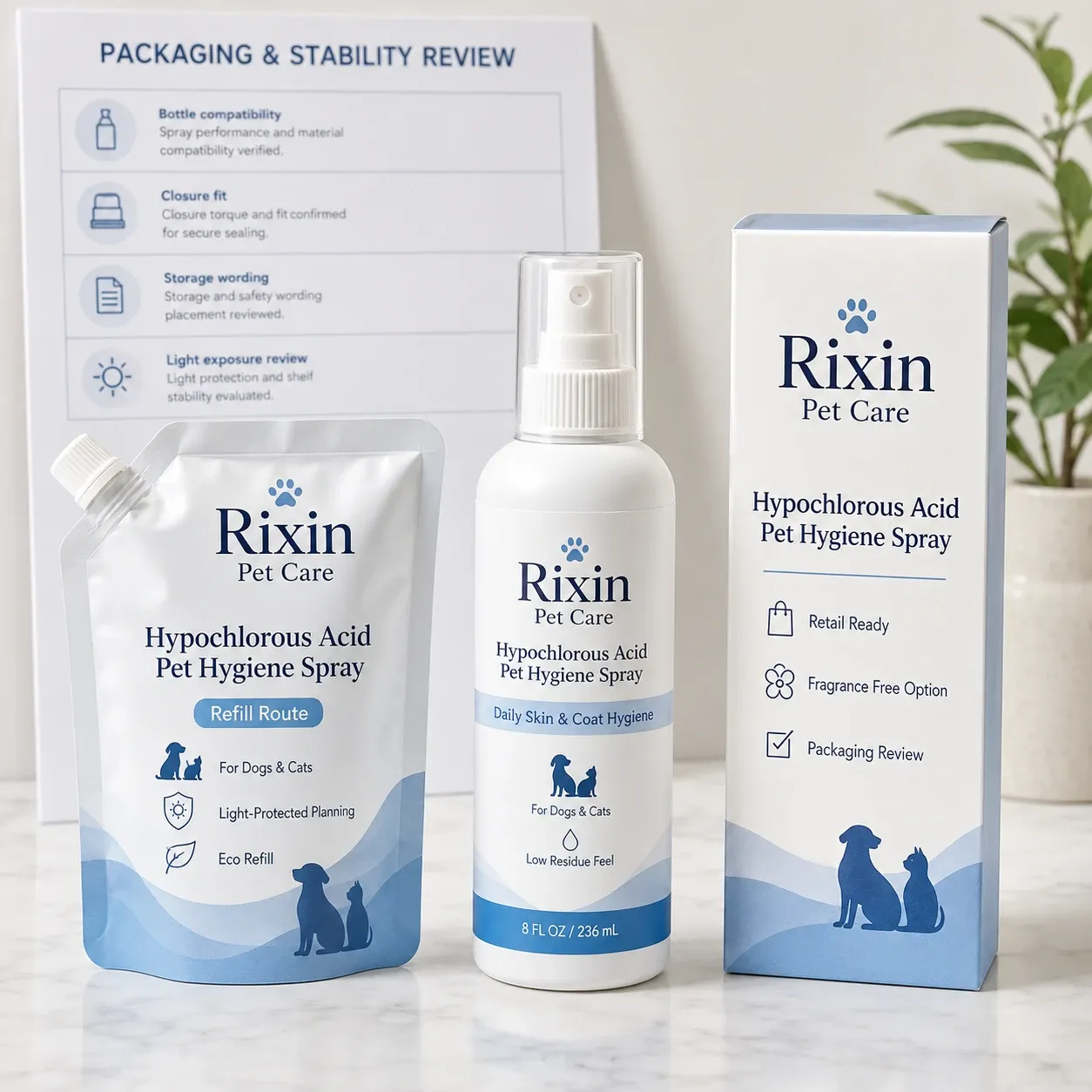 HOCl pet hygiene spray refill and protected-packaging format references