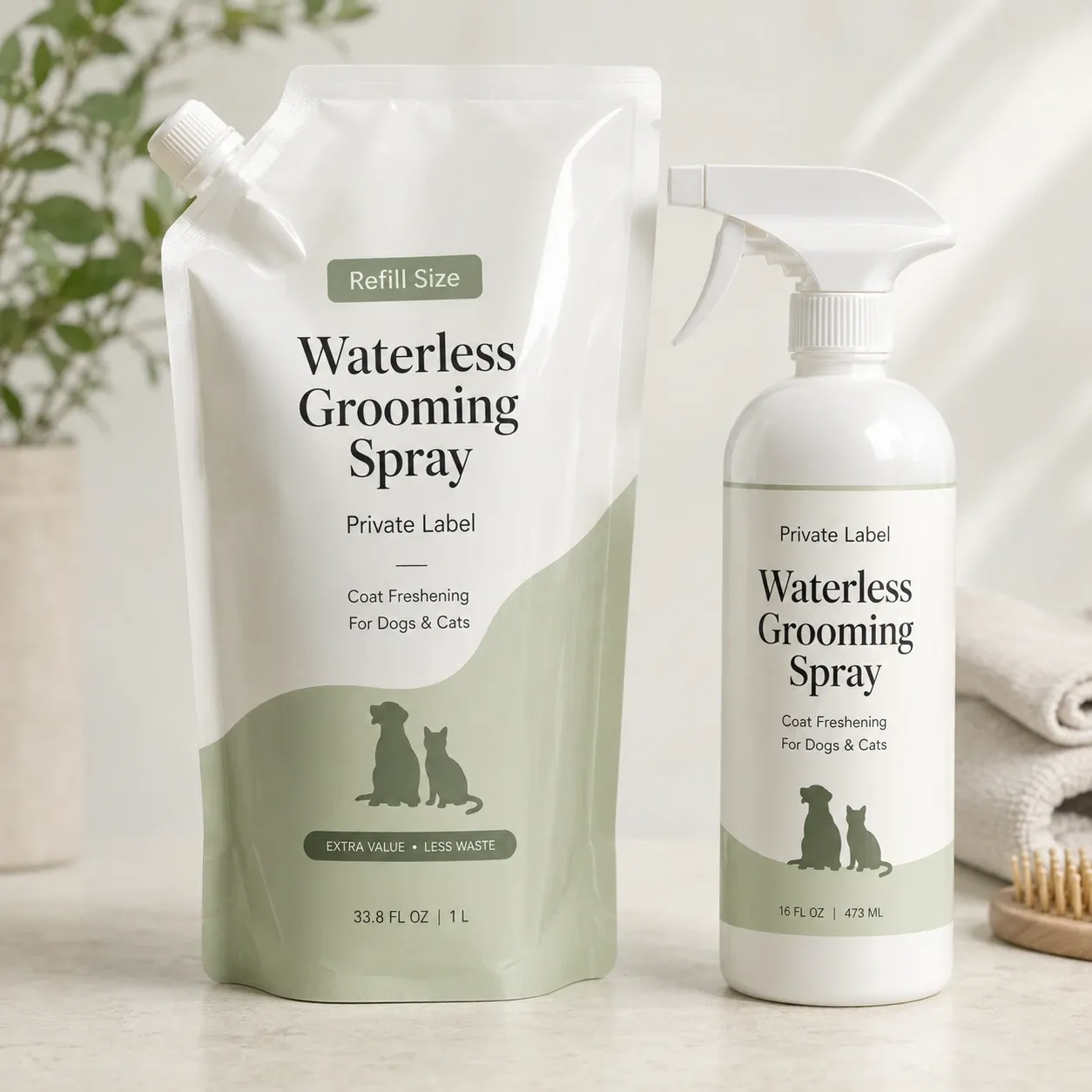 Refill pouch and trigger spray bottle for waterless pet grooming spray packaging route