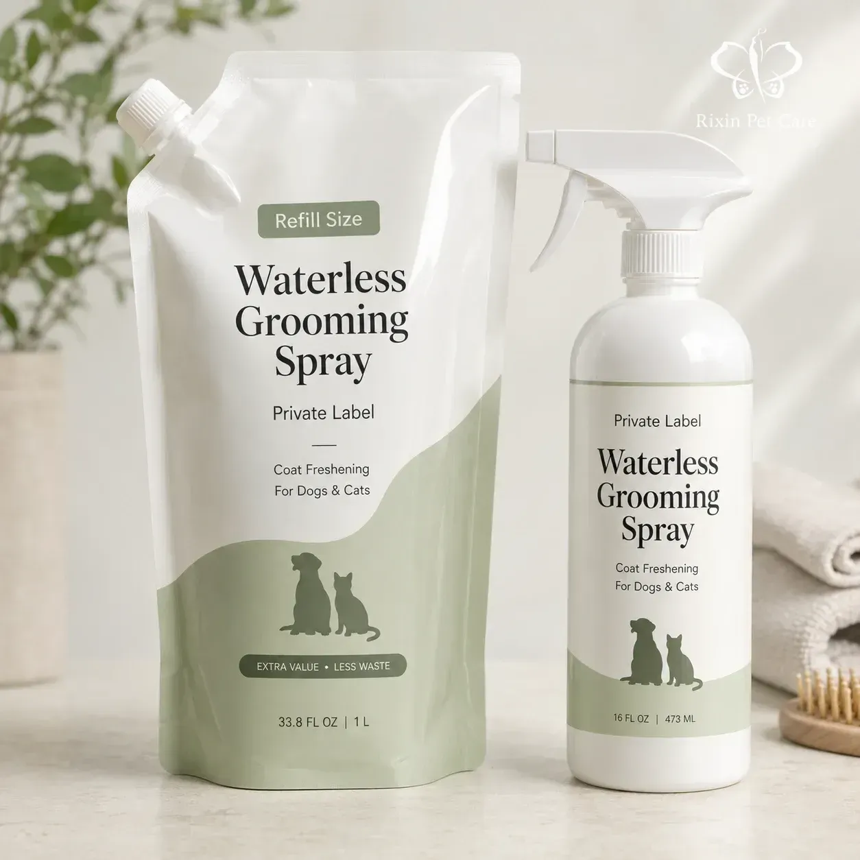 Refill pouch and trigger spray bottle for waterless pet grooming spray packaging route