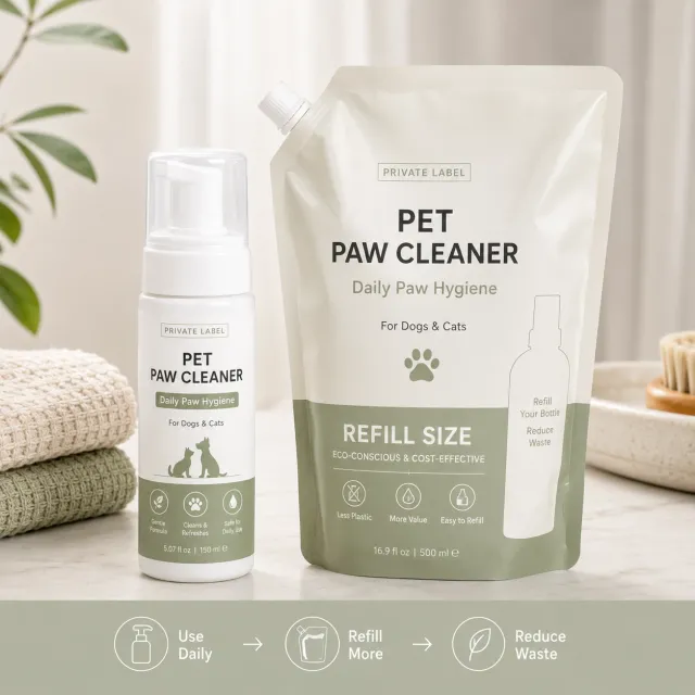 Pet paw cleaner refill pouch shown with foam pump bottle