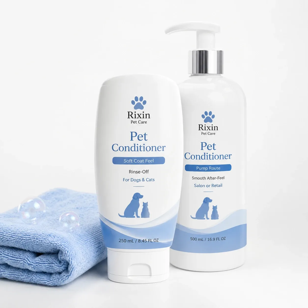 Rixin Pet Care rinse-off pet conditioner shown in squeeze and pump bottle formats for coat care product card