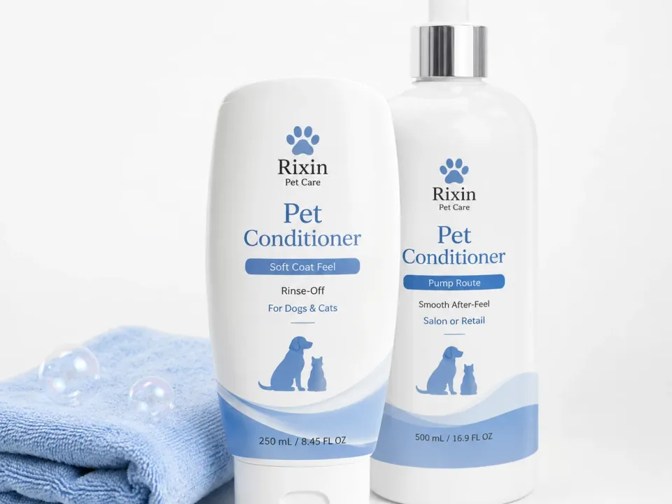 Pet conditioner shown in rinse-off bottle formats for coat-care product development