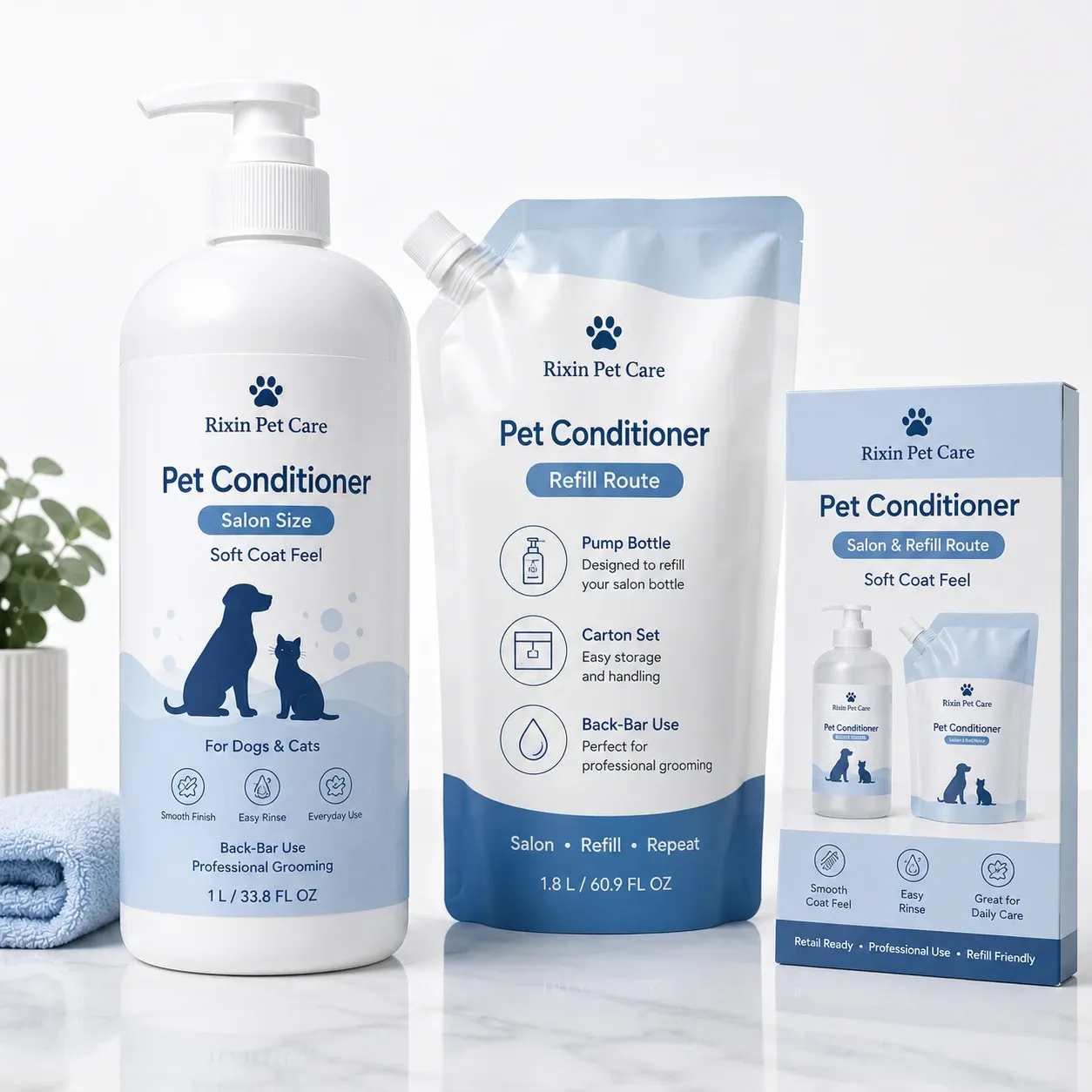 Rixin Pet Care salon-size pet conditioner with refill pouch and matching retail carton for salon and refill route presentation