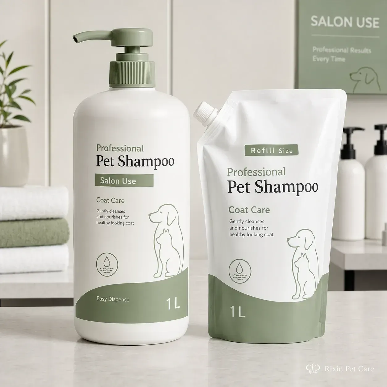 Salon and refill pet shampoo direction with bottle and larger-format packaging references