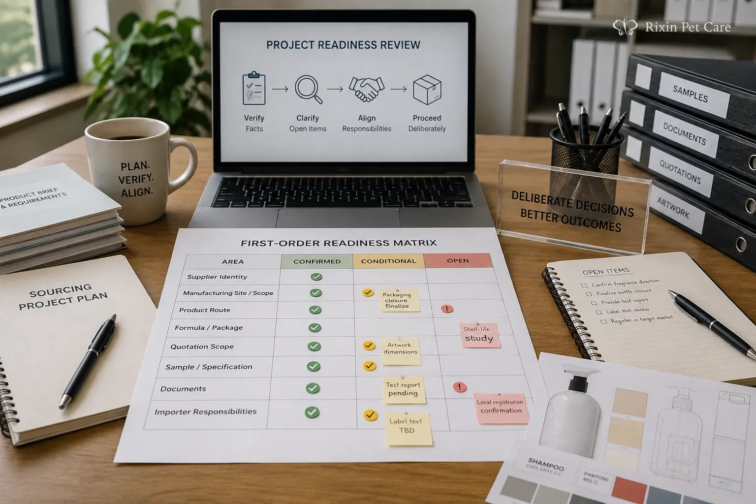 Pet grooming product sample revisions reviewed beside packaging components and blank artwork materials on a sourcing desk.